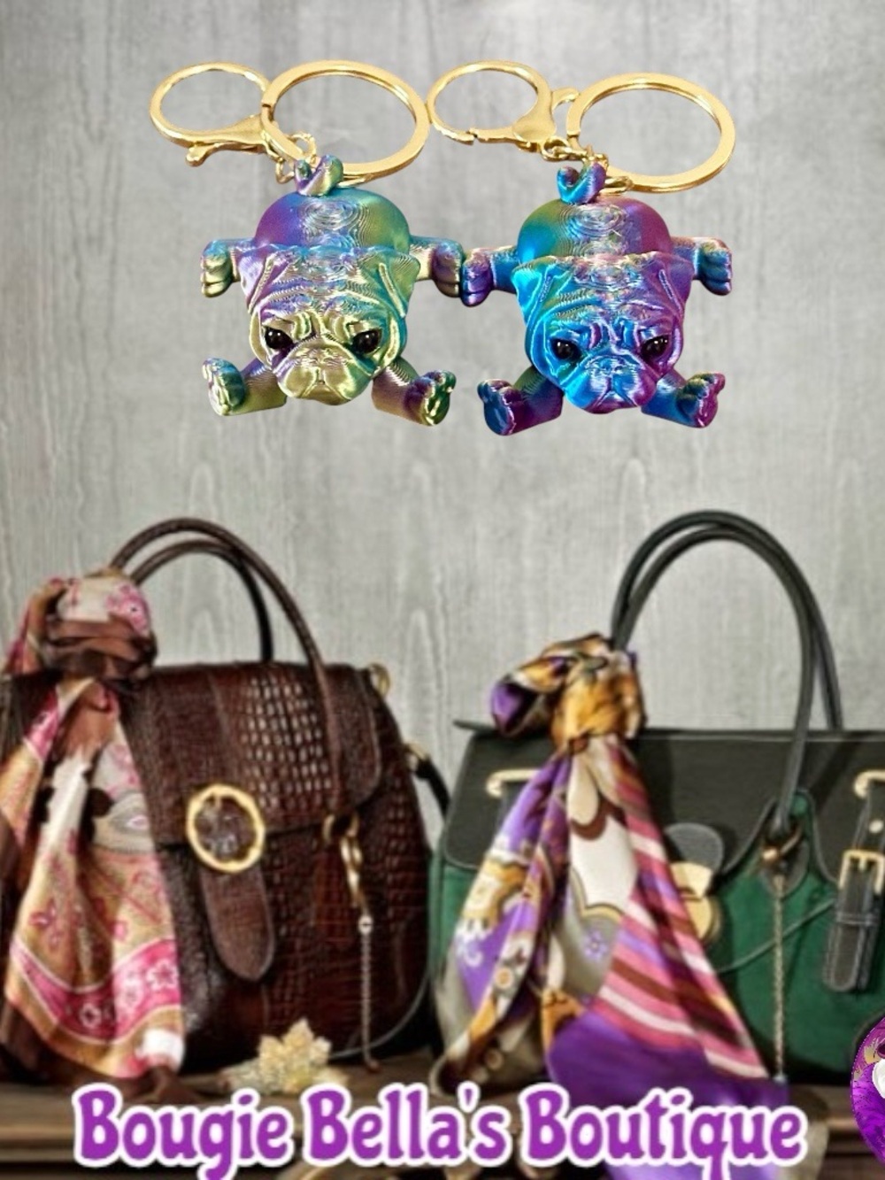 Iridescent Bulldog Keychain Bag Charm - Multicolor Gold Hardware
